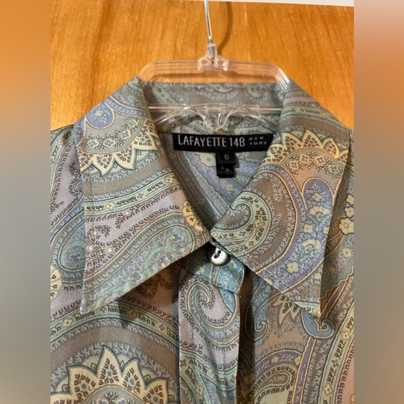 Lafayette 148 New York Button Up Short Muted Paisley Silk Long Sleeve Blouse 6 - Picture 2 of 15